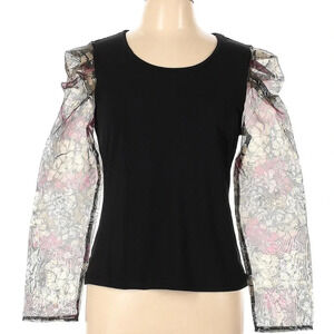 Design History Black Floral Sheer Organza Puff Sleeve Blouse Top Size Large NWT